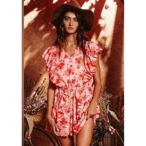 Bucket List Boutique Amelia Floral Shorts Romper Pink Red Ruffles Pockets Size L